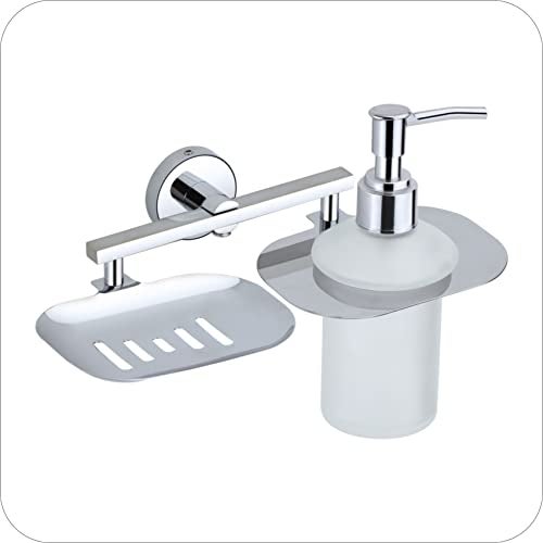 KANJAL Liquid soap Dispenser with soap case Holder for washbasin Liquid Dispenser and saop Dish for Bathroom soap Holders dispensers 37(304 Stainless Steel,Chrome Finish,Frosted Glass) - Image 4