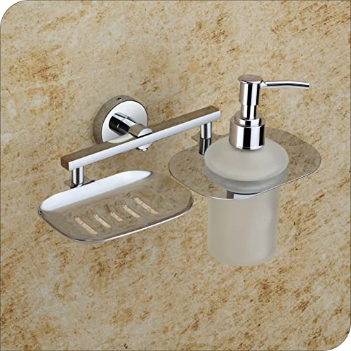 KANJAL Liquid soap Dispenser with soap case Holder for washbasin Liquid Dispenser and saop Dish for Bathroom soap Holders dispensers 37(304 Stainless Steel,Chrome Finish,Frosted Glass) - Image 1