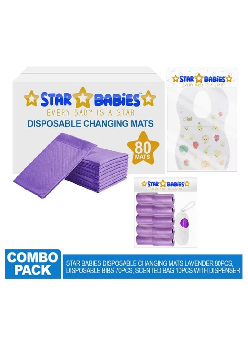 STAR BABiES Combo Pack Disposable Changing Mat 80Pcs Scented Bag 10Pcss Bibs 70Pcs - Lavender - Image 2