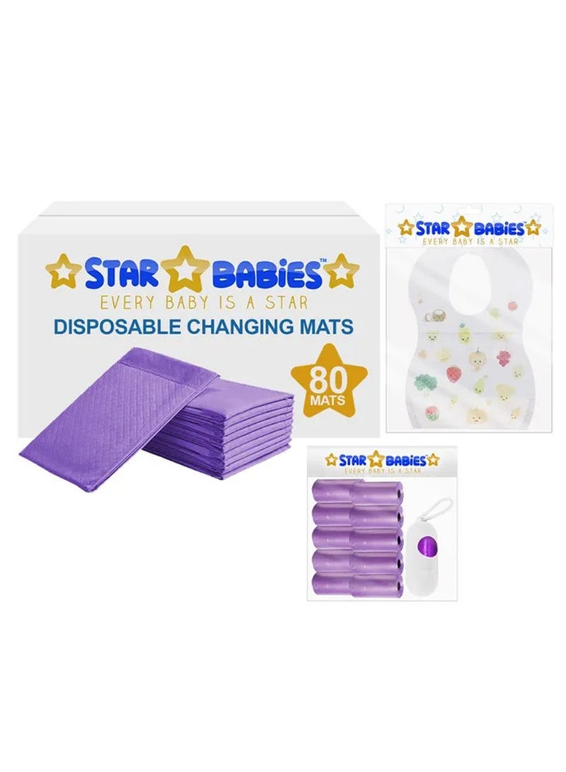 STAR BABiES Combo Pack Disposable Changing Mat 80Pcs Scented Bag 10Pcss Bibs 70Pcs - Lavender - Image 1