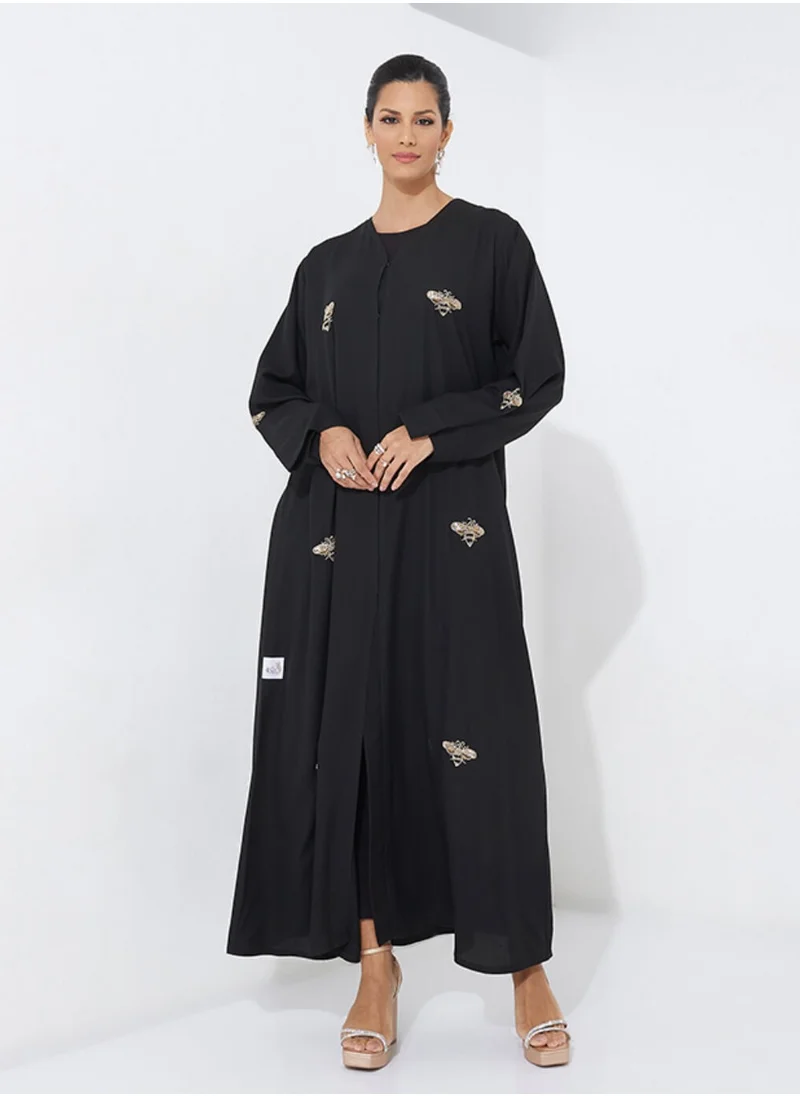 Rosette Abaya Embroidered Abaya With Gold Bee design