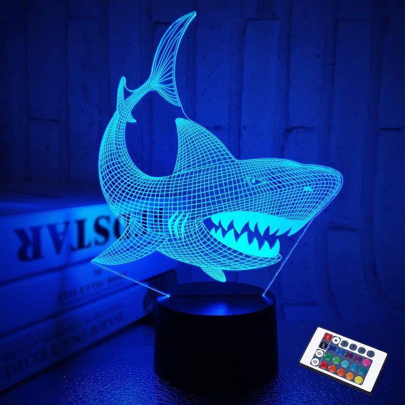 FULLOSUN Shark 3D Illusion Night Light Animal Touch Table Desk Lamp, with Remote Control 16 Colors Optical USB LED Nightlight for Kids Holiday Gift Room Decoration - Image 1