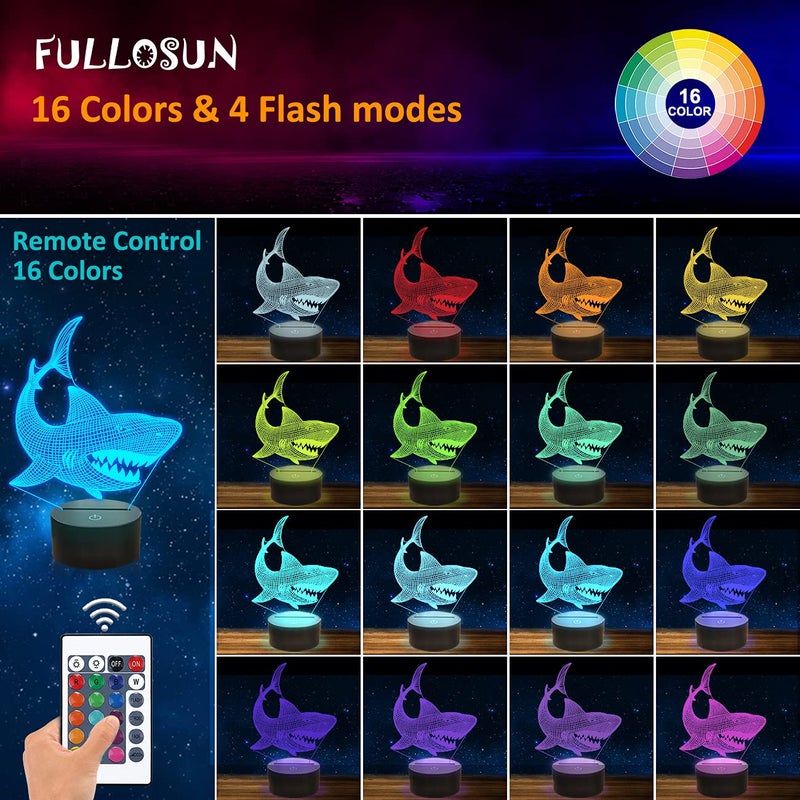 FULLOSUN Shark 3D Illusion Night Light Animal Touch Table Desk Lamp, with Remote Control 16 Colors Optical USB LED Nightlight for Kids Holiday Gift Room Decoration - Image 2