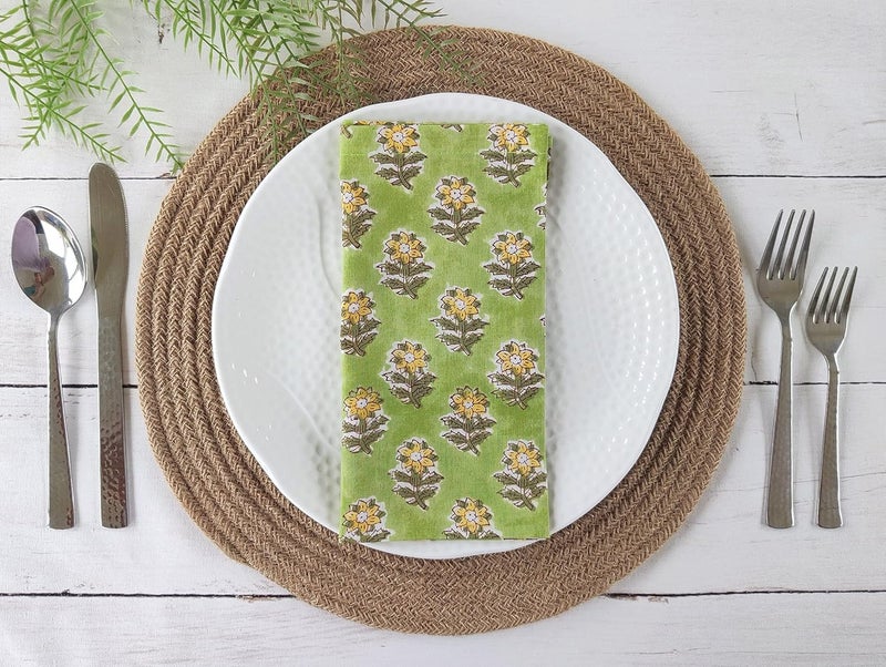 AVKA Studio Soft Washable Thin Cotton Dinner Napkins 18x18 inches  Set of 12  Everyday Use or Dinner Party and Events  Green and Yellow Floral Lightweight Indian Block Print Fabric - Image 4