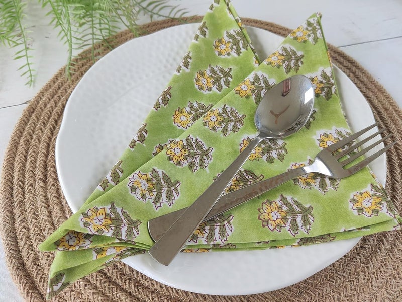AVKA Studio Soft Washable Thin Cotton Dinner Napkins 18x18 inches  Set of 12  Everyday Use or Dinner Party and Events  Green and Yellow Floral Lightweight Indian Block Print Fabric - Image 2