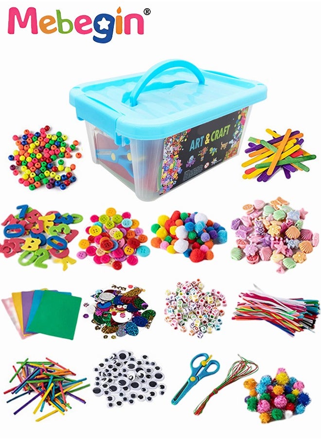MEBEGIN 800+ PCS Handmade DIY Arts and Crafts Supplies Kit with Storage Box Material Set with EVA Letter Stars Sticker Feather Ice Cream Sticks Button Hair Ball Crafts Accessories Kits Sets For Kids Education  - Image 1