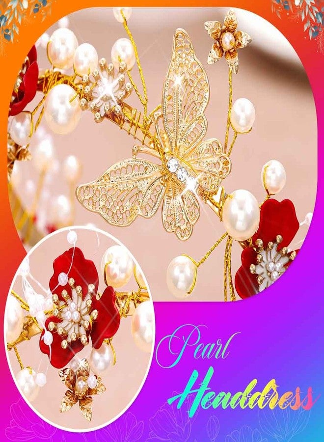 Yean Gold Butterfly Wedding Headband Red Flower Fairy Tiara Headpiece Pearl Bridal Hair Accoessories for Women - Image 5