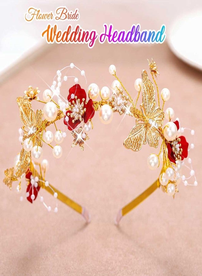 Yean Gold Butterfly Wedding Headband Red Flower Fairy Tiara Headpiece Pearl Bridal Hair Accoessories for Women - Image 2