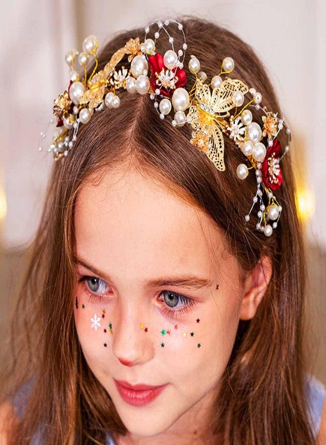 Yean Gold Butterfly Wedding Headband Red Flower Fairy Tiara Headpiece Pearl Bridal Hair Accoessories for Women - Image 1