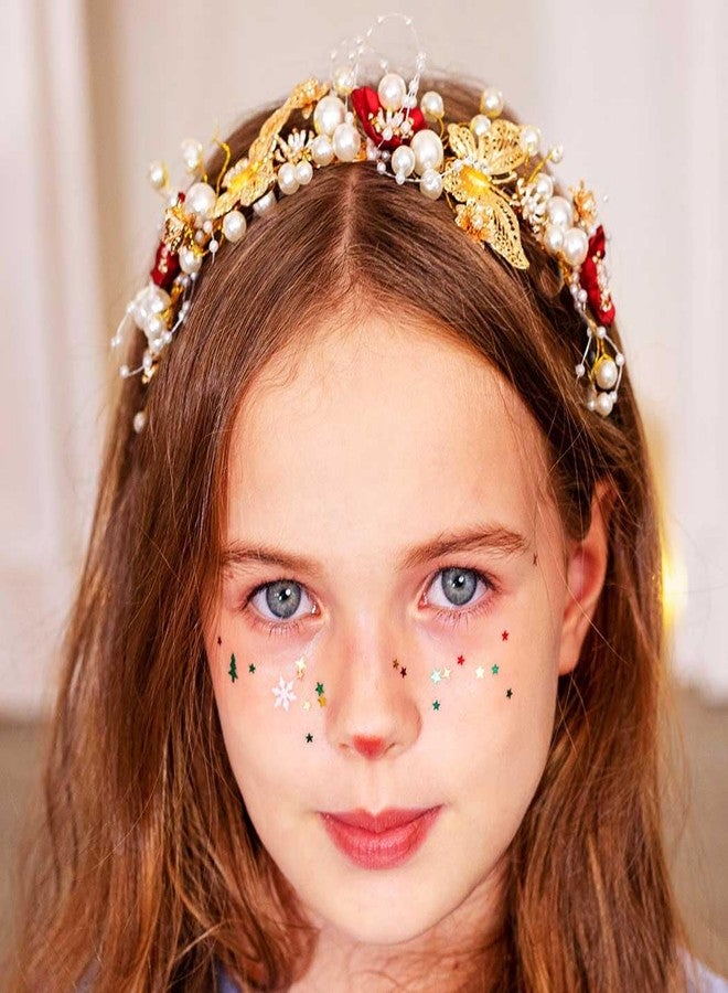 Yean Gold Butterfly Wedding Headband Red Flower Fairy Tiara Headpiece Pearl Bridal Hair Accoessories for Women - Image 3