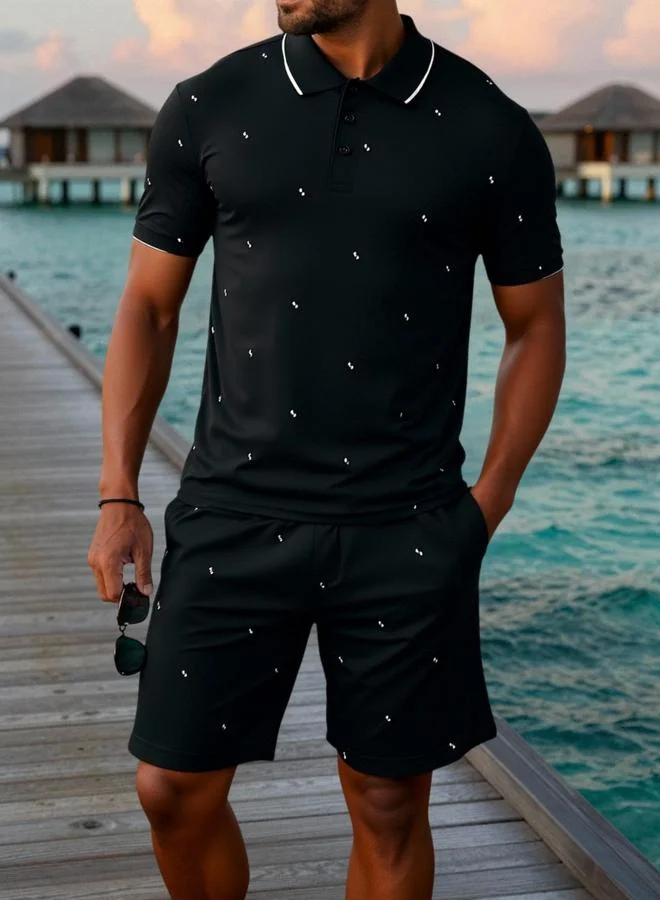 Take Two Men Black Graphic Print Short Sleeve Polo T-Shirt and Shorts Co-Ords