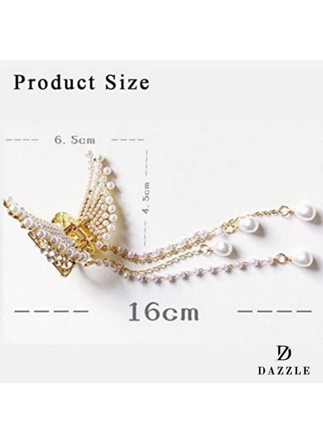 Dazzle - Pearl Tassel Butterfly Style Hair Claw Clip Metal Clutcher Claw Clamps Korean Style Wedding Hair Accessories For Girls And Woman (Pack Of 1 Pearl Edition) - Image 1