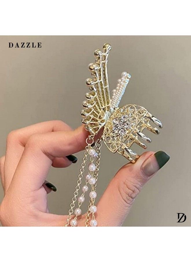 Dazzle - Pearl Tassel Butterfly Style Hair Claw Clip Metal Clutcher Claw Clamps Korean Style Wedding Hair Accessories For Girls And Woman (Pack Of 1 Pearl Edition) - Image 1