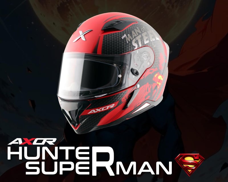 Axor Hunter DC Superman ISI ECE and DOT Certified Gloss Finish Full Face Helmet for Men with Pinlock Fitted Clear Visor and Stylish Ducktail Spoiler-Dull Red Black-L - Image 3