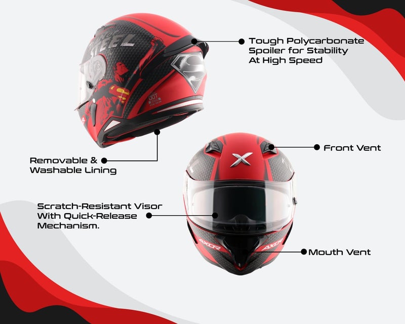 Axor Hunter DC Superman ISI ECE and DOT Certified Gloss Finish Full Face Helmet for Men with Pinlock Fitted Clear Visor and Stylish Ducktail Spoiler-Dull Red Black-L - Image 4