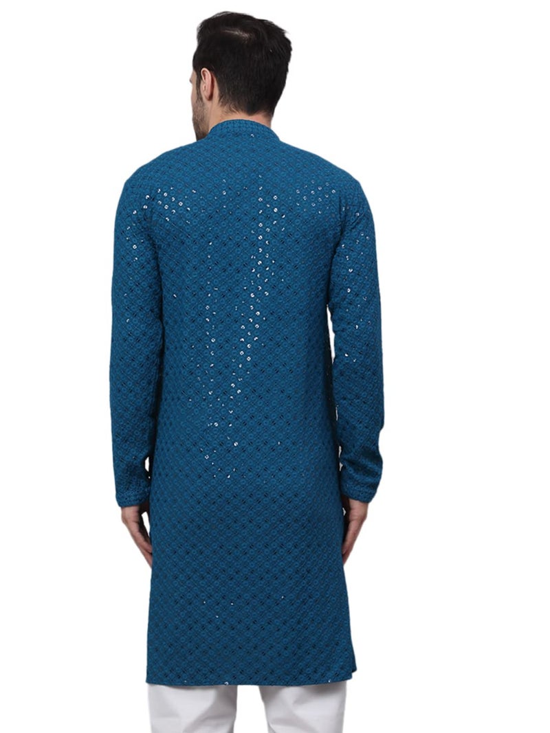 Jompers Men's Blue Chikankari Embroidered and Sequence Kurtas. (Peacock, S) - Image 2