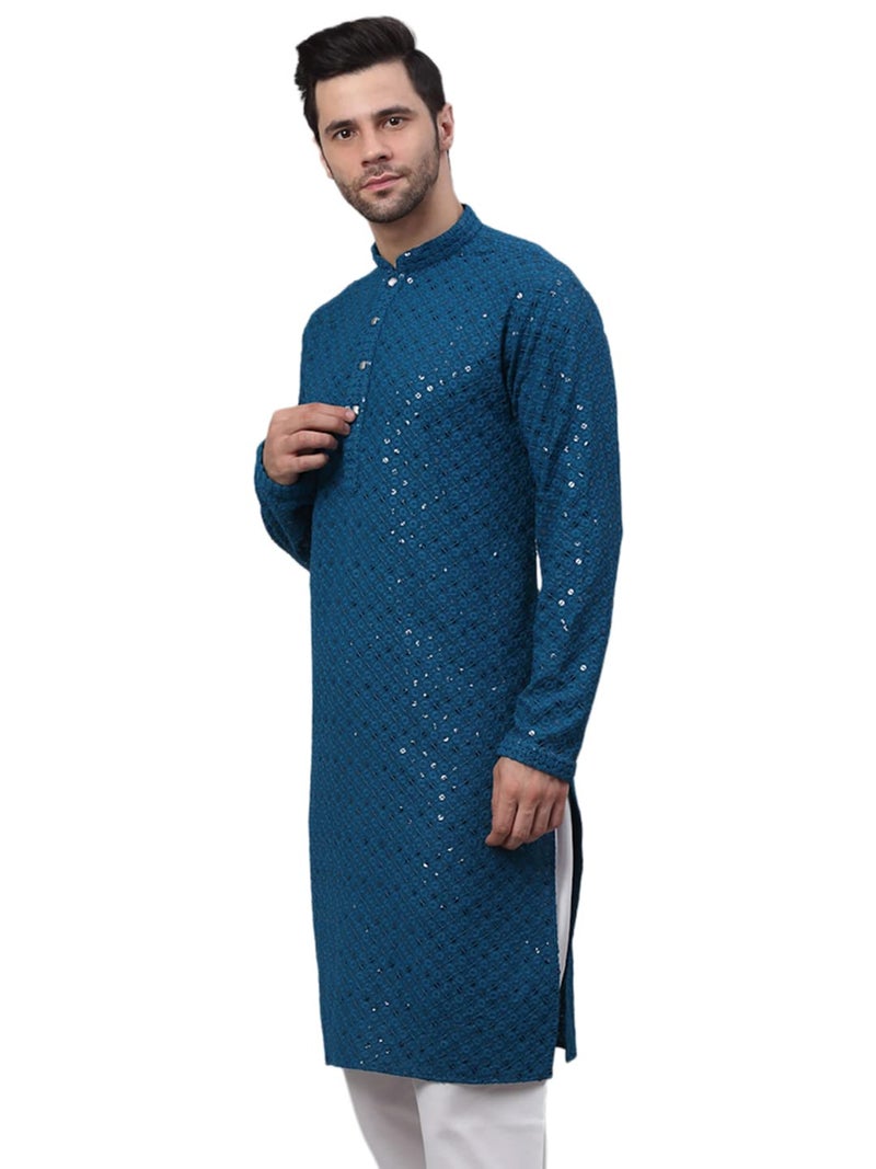 Jompers Men's Blue Chikankari Embroidered and Sequence Kurtas. (Peacock, S) - Image 3
