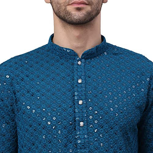 Jompers Men's Blue Chikankari Embroidered and Sequence Kurtas. (Peacock, S) - Image 5