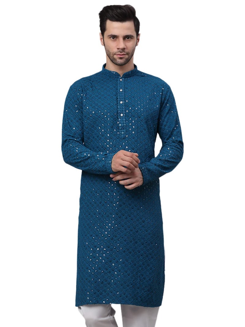 Jompers Men's Blue Chikankari Embroidered and Sequence Kurtas. (Peacock, S) - Image 1