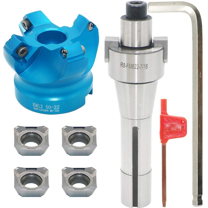 LingGan 2 Inch Face Milling Cutter Aluminum KM12 50MM CNC End Milling Cutter Holder + R8-FMB22 Shank Face Shell Mill Arbor + 4pcs SEHT1204 Carbide Inserts + 8mm Hexagon Wrench + T20 Wrench CNC Machine Tools - Image 1