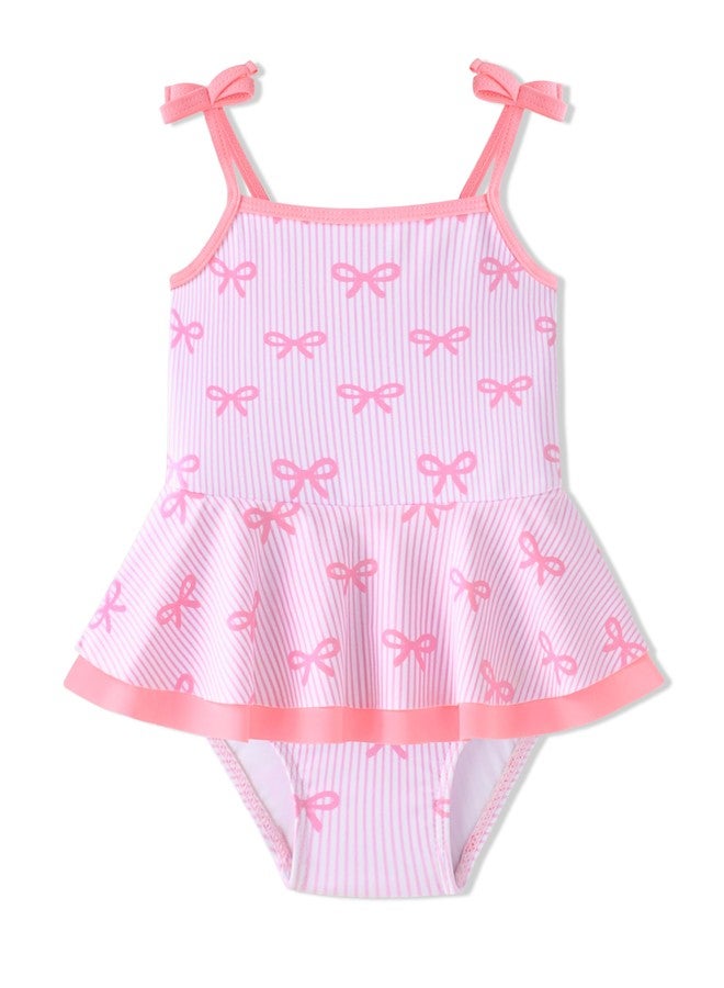 Hipea Baby Swimsuit Girl One Piece Ruffled Girls Bathing Suit Bow Stra Print Swimwear 2t Swimsuit Girl Light Pink - Image 1