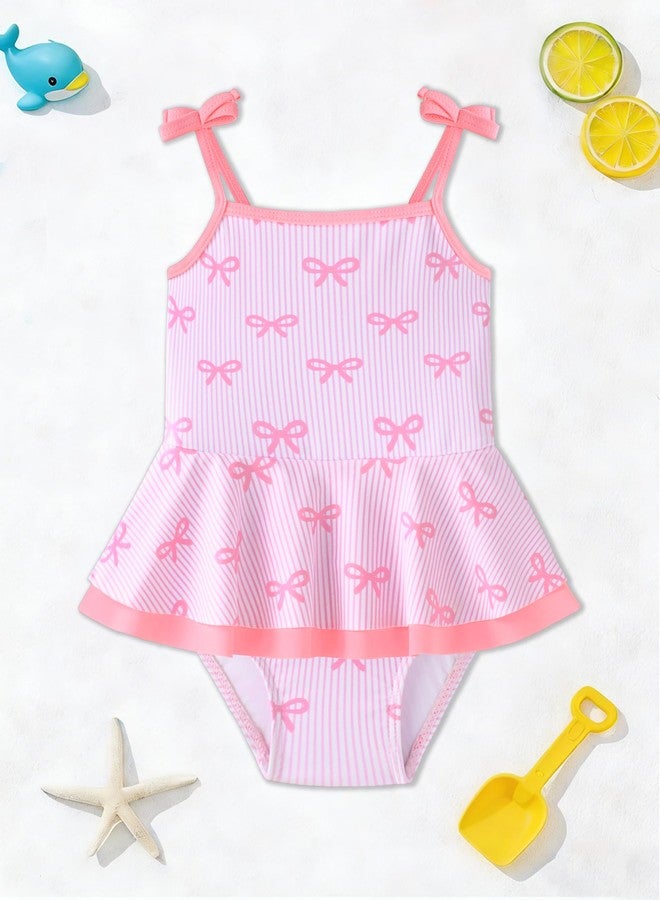 Hipea Baby Swimsuit Girl One Piece Ruffled Girls Bathing Suit Bow Stra Print Swimwear 2t Swimsuit Girl Light Pink - Image 2