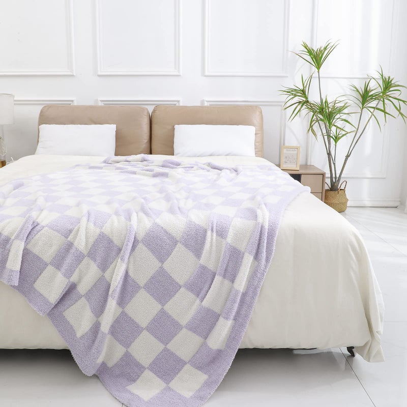 bearberry bearberry Fuzzy Checkerboard Grid Throw Blanket Soft Cozy Warm Microfiber All Season Blanket Decor for Couch Sofa Bed Travel Home (Purple  50''x60'')  - Image 2