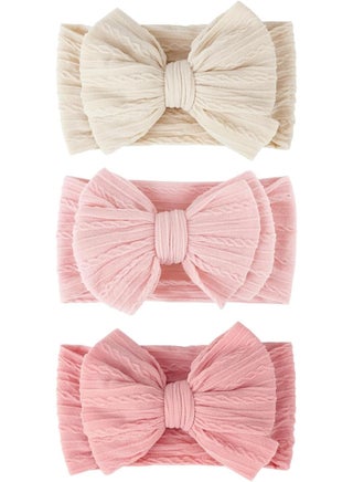 Baby Headbands Set, Soft Nylon Hair Bows for Newborns & Toddlers, Handmade Stretchable Headwraps for Girls, Non-Slip Infant Hair Accessories for Girls 0-24 Months (Three Colors, 3-Pack)