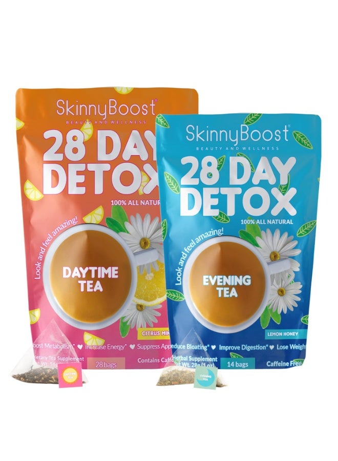 سكينيبوست مجموعة شاي Skinny Boost Detox - عبوتان - عبوة واحدة نهارية (28 كيسًا) + عبوة واحدة مسائية (28 كيسًا) - إزالة السموم بالأعشاب لزيادة الوزن، والتمثيل الغذائي، والطاقة، والانتفاخ، وتنظيف القولون - شاي أخضر، نباتي، كيتو، غير معدل وراثيًا، خالي من السكر - Image 1