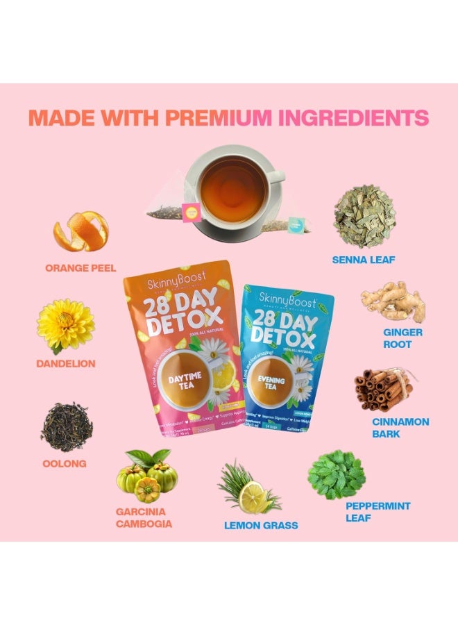سكينيبوست مجموعة شاي Skinny Boost Detox - عبوتان - عبوة واحدة نهارية (28 كيسًا) + عبوة واحدة مسائية (28 كيسًا) - إزالة السموم بالأعشاب لزيادة الوزن، والتمثيل الغذائي، والطاقة، والانتفاخ، وتنظيف القولون - شاي أخضر، نباتي، كيتو، غير معدل وراثيًا، خالي من السكر - Image 3