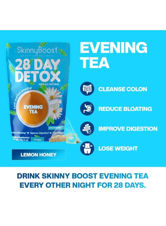 سكينيبوست مجموعة شاي Skinny Boost Detox - عبوتان - عبوة واحدة نهارية (28 كيسًا) + عبوة واحدة مسائية (28 كيسًا) - إزالة السموم بالأعشاب لزيادة الوزن، والتمثيل الغذائي، والطاقة، والانتفاخ، وتنظيف القولون - شاي أخضر، نباتي، كيتو، غير معدل وراثيًا، خالي من السكر - Image 5