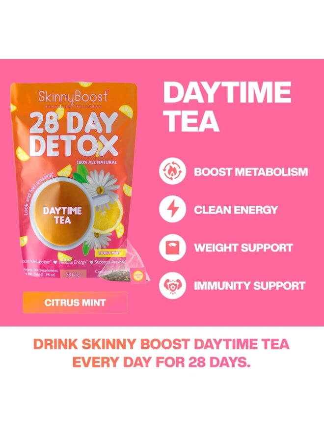 سكينيبوست مجموعة شاي Skinny Boost Detox - عبوتان - عبوة واحدة نهارية (28 كيسًا) + عبوة واحدة مسائية (28 كيسًا) - إزالة السموم بالأعشاب لزيادة الوزن، والتمثيل الغذائي، والطاقة، والانتفاخ، وتنظيف القولون - شاي أخضر، نباتي، كيتو، غير معدل وراثيًا، خالي من السكر - Image 4