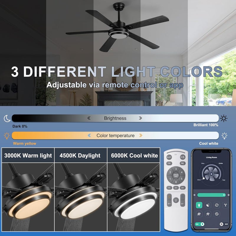 Ohniyou 52 Inch Ceiling Fan with Light & Remote Control, 6 Speed, Dimmable Light, Reversible, Silent DC Motor, Black Farmhouse Ceiling Fan for Indoor and Outdoor - Image 3
