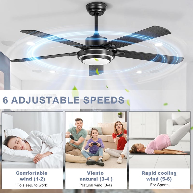 Ohniyou 52 Inch Ceiling Fan with Light & Remote Control, 6 Speed, Dimmable Light, Reversible, Silent DC Motor, Black Farmhouse Ceiling Fan for Indoor and Outdoor - Image 4
