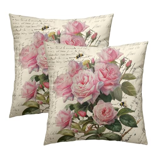 Evlaschin Vintage Rose Flower Pillow Covers Set of 2, 18"x18" Pink Blooming Floral Bee Decorative Throw Pillowcases, Retro Cotton Square Cushion Cover for Sofa Couch Patio Indoor Outdoor - Image 2