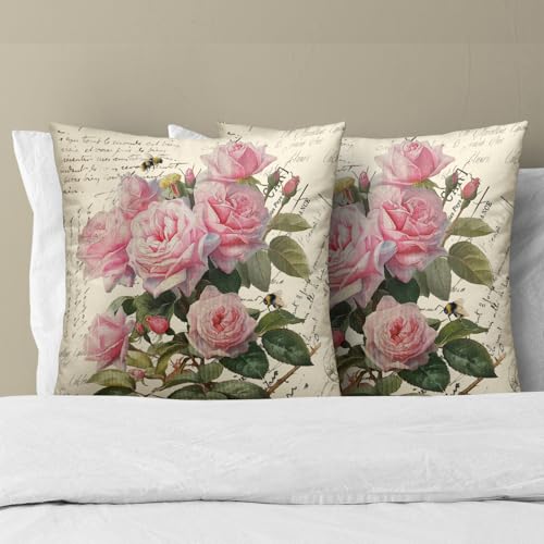 Evlaschin Vintage Rose Flower Pillow Covers Set of 2, 18"x18" Pink Blooming Floral Bee Decorative Throw Pillowcases, Retro Cotton Square Cushion Cover for Sofa Couch Patio Indoor Outdoor - Image 3