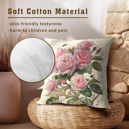 Evlaschin Vintage Rose Flower Pillow Covers Set of 2, 18"x18" Pink Blooming Floral Bee Decorative Throw Pillowcases, Retro Cotton Square Cushion Cover for Sofa Couch Patio Indoor Outdoor - Image 5