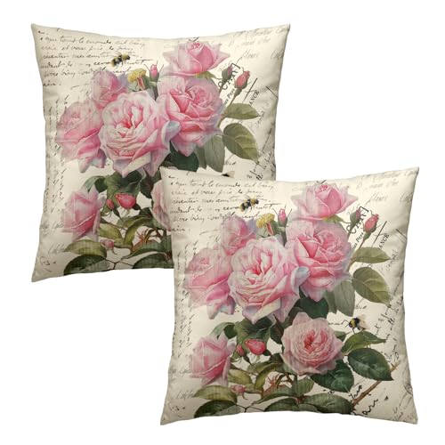 Evlaschin Vintage Rose Flower Pillow Covers Set of 2, 18"x18" Pink Blooming Floral Bee Decorative Throw Pillowcases, Retro Cotton Square Cushion Cover for Sofa Couch Patio Indoor Outdoor - Image 1