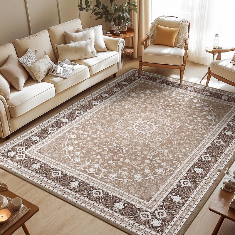 Lessymo 8 x 10 Area Rugs for Living Room, Machine Washable Area Rugs Boho Faux Wool Low Pile Area Rug for Bedroom, Floral Medallion Vintage Rugs with Non-Slip Rubber, Kid & Pet Friendly,Brown White - Image 1