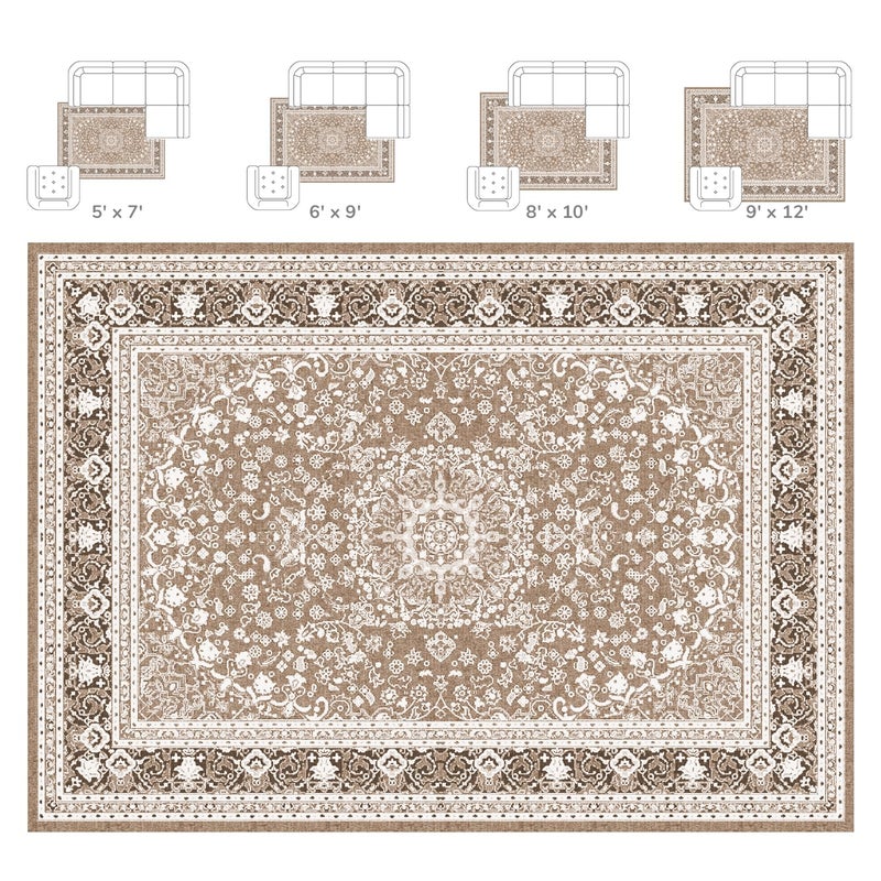 Lessymo 8 x 10 Area Rugs for Living Room, Machine Washable Area Rugs Boho Faux Wool Low Pile Area Rug for Bedroom, Floral Medallion Vintage Rugs with Non-Slip Rubber, Kid & Pet Friendly,Brown White - Image 2