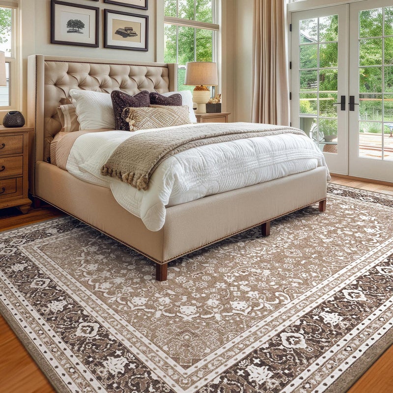 Lessymo 8 x 10 Area Rugs for Living Room, Machine Washable Area Rugs Boho Faux Wool Low Pile Area Rug for Bedroom, Floral Medallion Vintage Rugs with Non-Slip Rubber, Kid & Pet Friendly,Brown White - Image 4