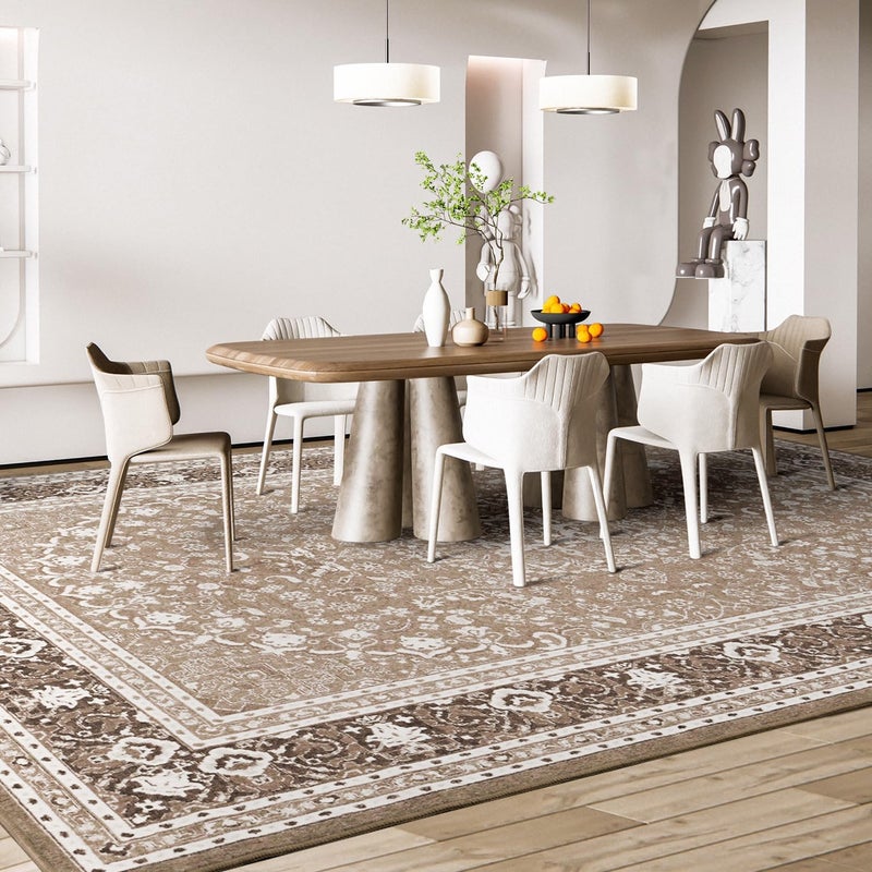 Lessymo 8 x 10 Area Rugs for Living Room, Machine Washable Area Rugs Boho Faux Wool Low Pile Area Rug for Bedroom, Floral Medallion Vintage Rugs with Non-Slip Rubber, Kid & Pet Friendly,Brown White - Image 3