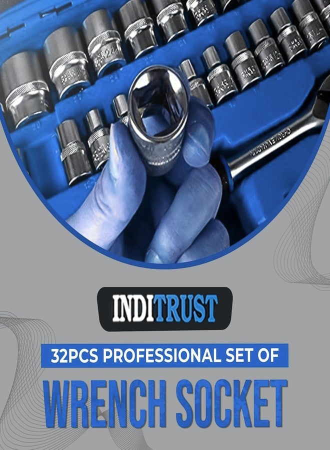 Inditrust 32Pcs 1/2" inch Combinational Ratchet Socket Wrench Spannar Tool Goti Set with Carry Box for Automobiles/Bike/Car Repair Tool Kit 32pc Socket Set (32pc in Blue box) - Image 2