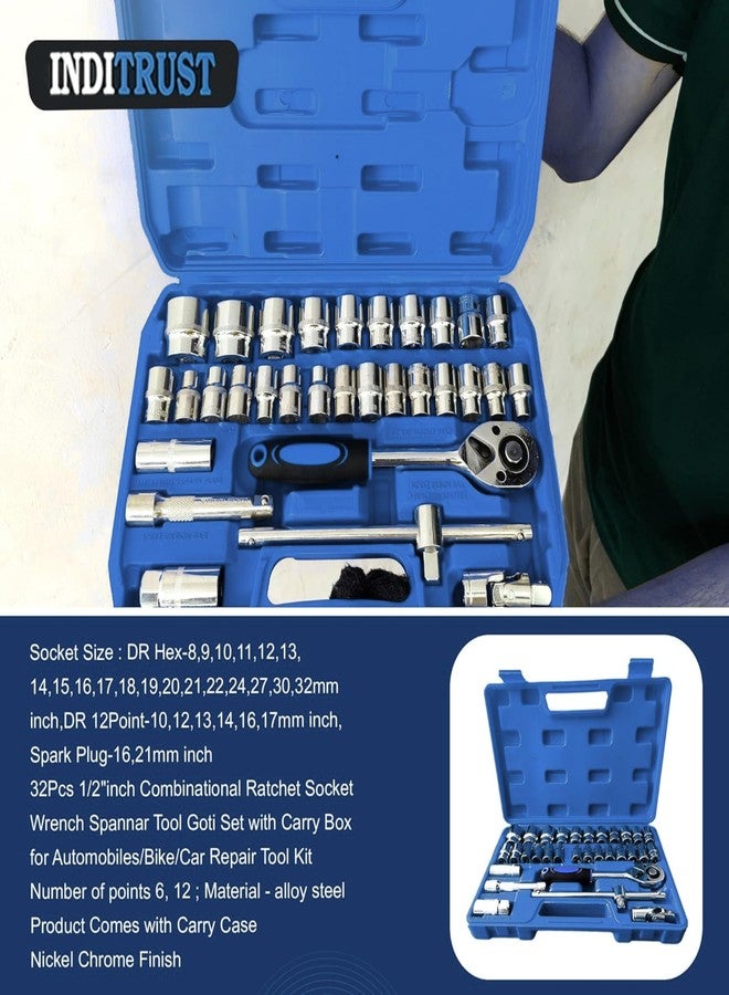 Inditrust 32Pcs 1/2" inch Combinational Ratchet Socket Wrench Spannar Tool Goti Set with Carry Box for Automobiles/Bike/Car Repair Tool Kit 32pc Socket Set (32pc in Blue box) - Image 3