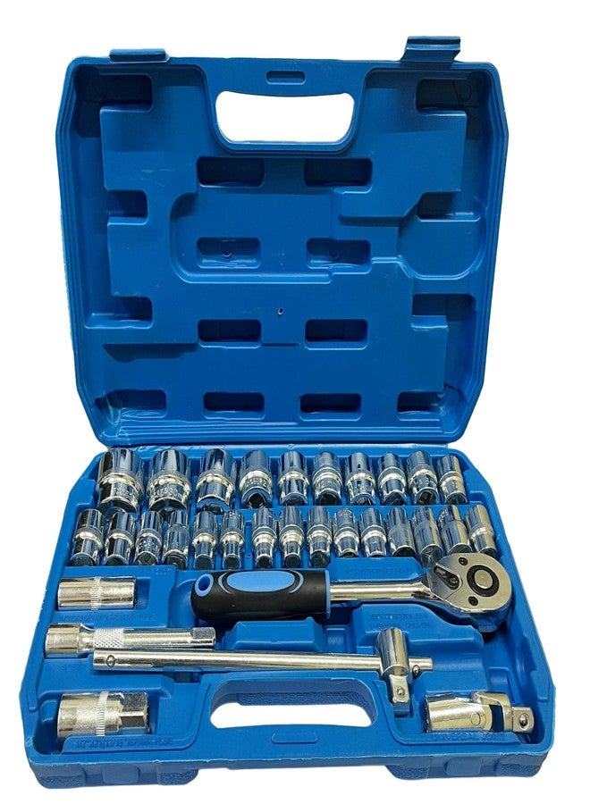 Inditrust 32Pcs 1/2" inch Combinational Ratchet Socket Wrench Spannar Tool Goti Set with Carry Box for Automobiles/Bike/Car Repair Tool Kit 32pc Socket Set (32pc in Blue box) - Image 1