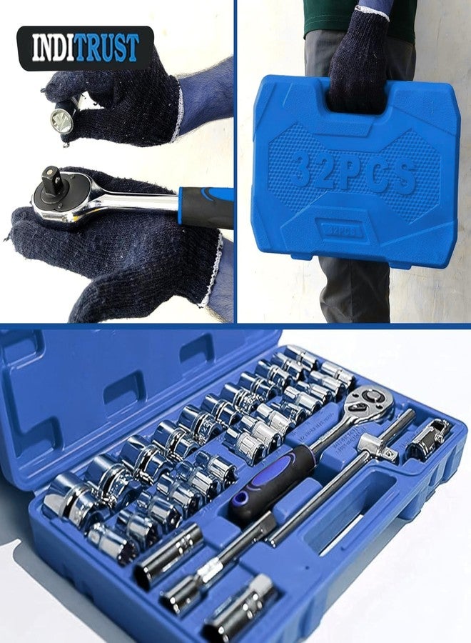 Inditrust 32Pcs 1/2" inch Combinational Ratchet Socket Wrench Spannar Tool Goti Set with Carry Box for Automobiles/Bike/Car Repair Tool Kit 32pc Socket Set (32pc in Blue box) - Image 5