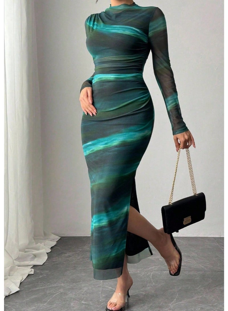 SHEINWomen Elegant Ombre Ruched Mesh Bodycon Long Sleeve Dress Maxi Women Outfit Fall Clot - Image 4