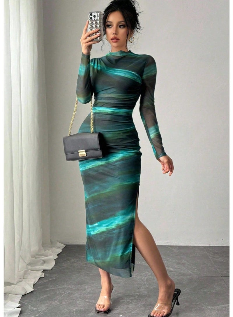 SHEINWomen Elegant Ombre Ruched Mesh Bodycon Long Sleeve Dress Maxi Women Outfit Fall Clot - Image 5