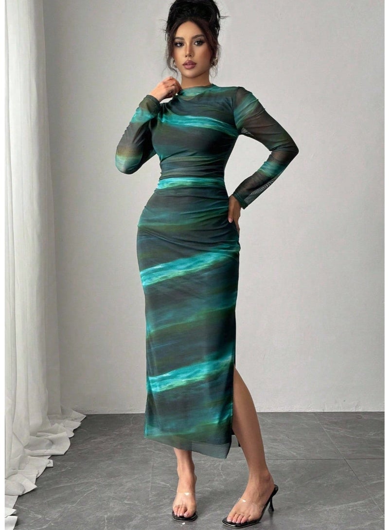 SHEINWomen Elegant Ombre Ruched Mesh Bodycon Long Sleeve Dress Maxi Women Outfit Fall Clot - Image 1