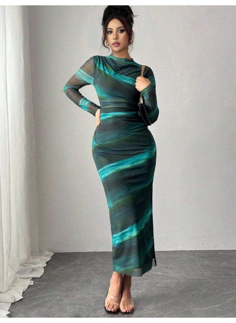 SHEINWomen Elegant Ombre Ruched Mesh Bodycon Long Sleeve Dress Maxi Women Outfit Fall Clot - Image 3